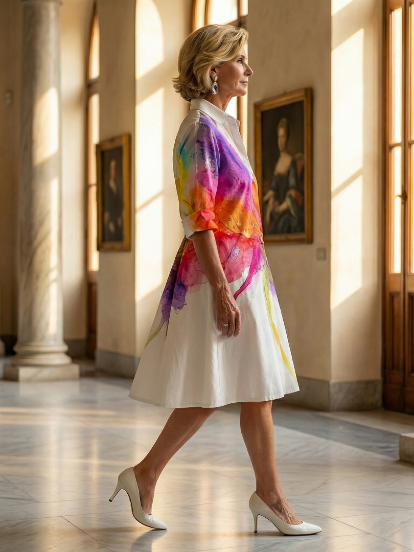 Relaxed fit Women's Painted Garden floral dress for effortless summer style, featuring three-quarter sleeves & pockets.
