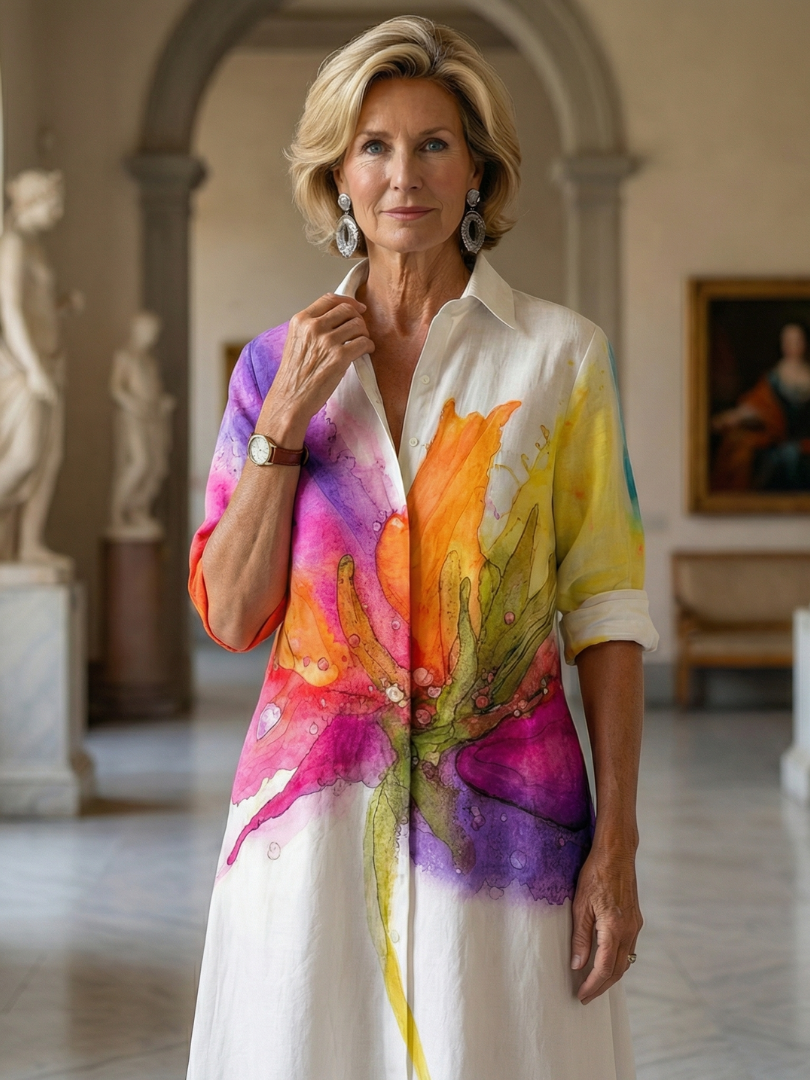 Casual knee-length women's floral garden dress with a button front, three-quarter sleeves, and practical pockets.