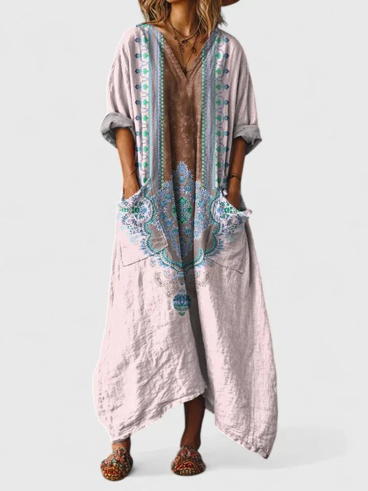 Comfortable women's paisley print oversized maxi dress, V-neck, 3/4-sleeves. Modest everyday wear.