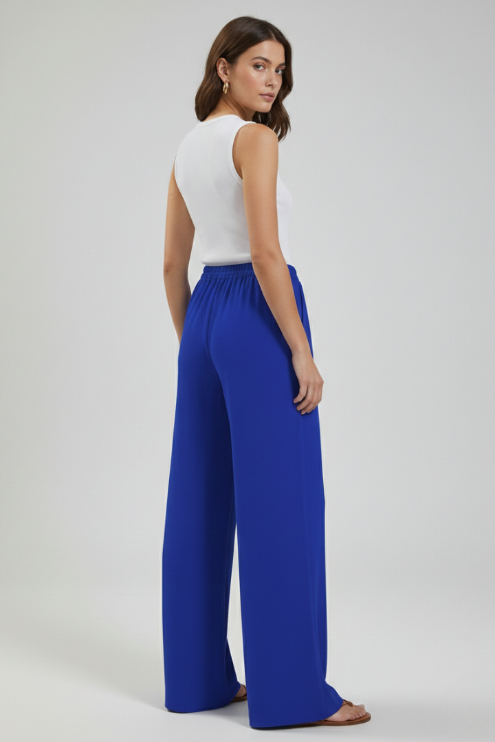 Stylish women's palazzo trousers. Flowy wide-leg design, comfy drawstring waist, and side pockets.