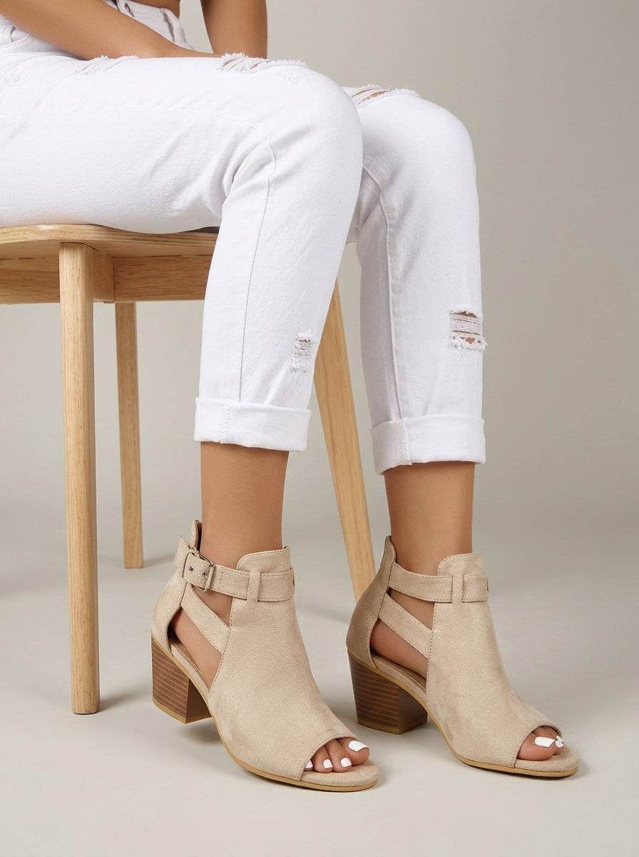 Women's peep toe block heel sandals with stylish cut-out ankle buckle strap, perfect for summer fashion.