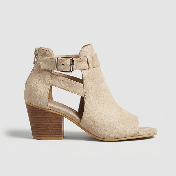 Comfortable women's peep toe block heel sandals with cut-out ankle strap, great for everyday summer style.