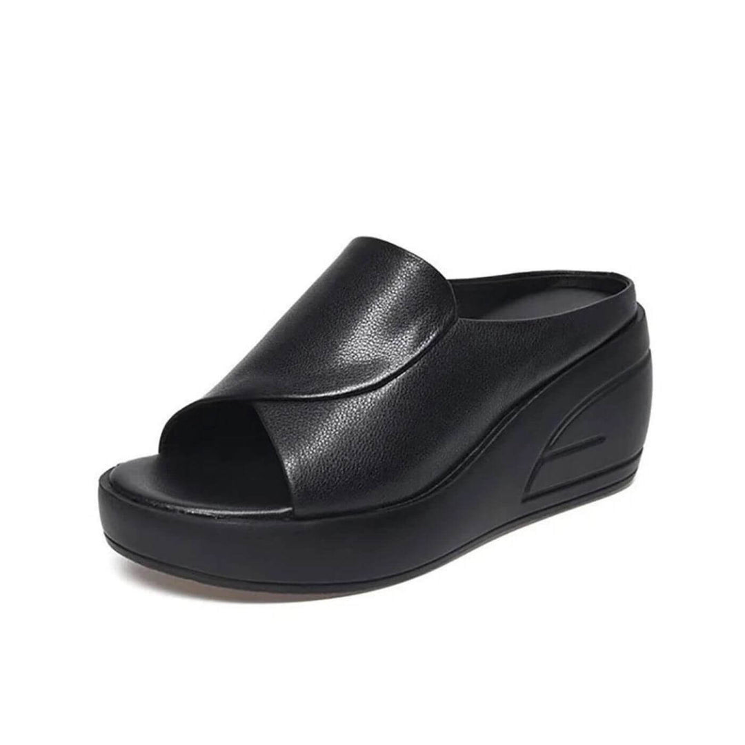 Casual women's slip-on peep toe wedge sandals with orthopedic comfort & arch support for summer wear.