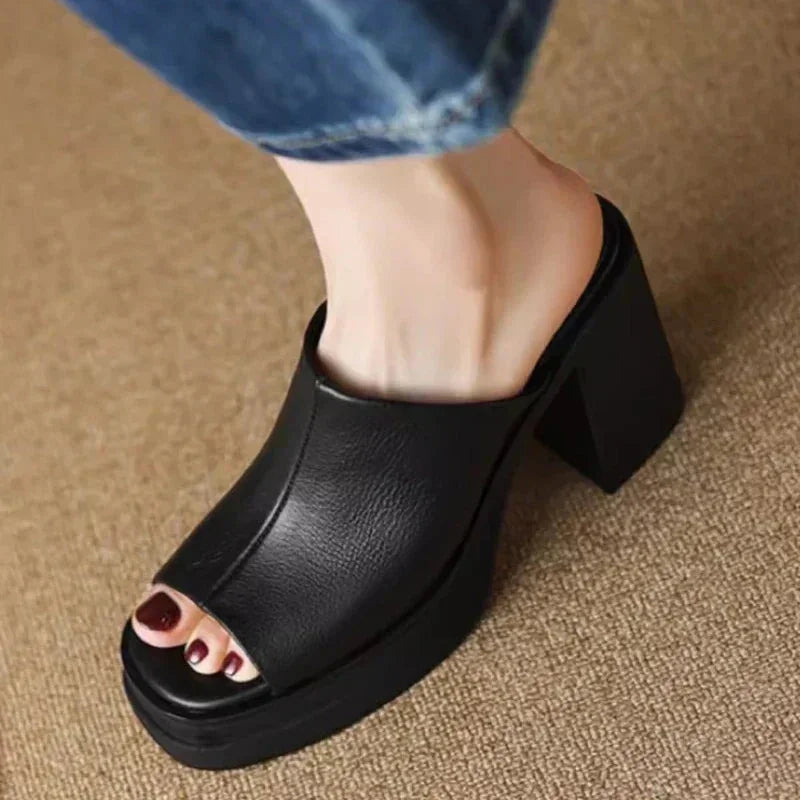 Comfortable & elegant women's peep-toe platform mule sandals, stylish block heel & sturdy platform.