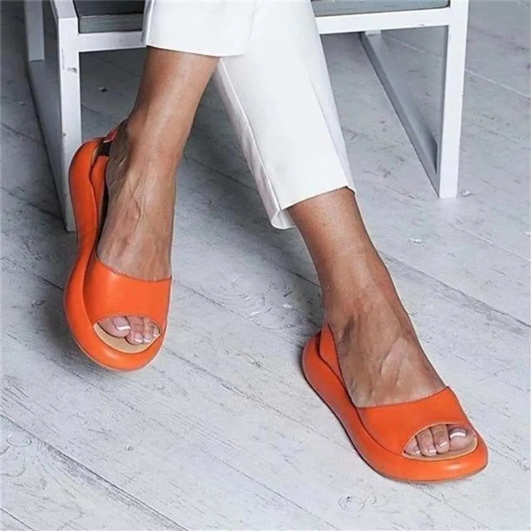 Cushioned peep toe slingback flat sandals for women, offering all-day comfort for spring/summer.