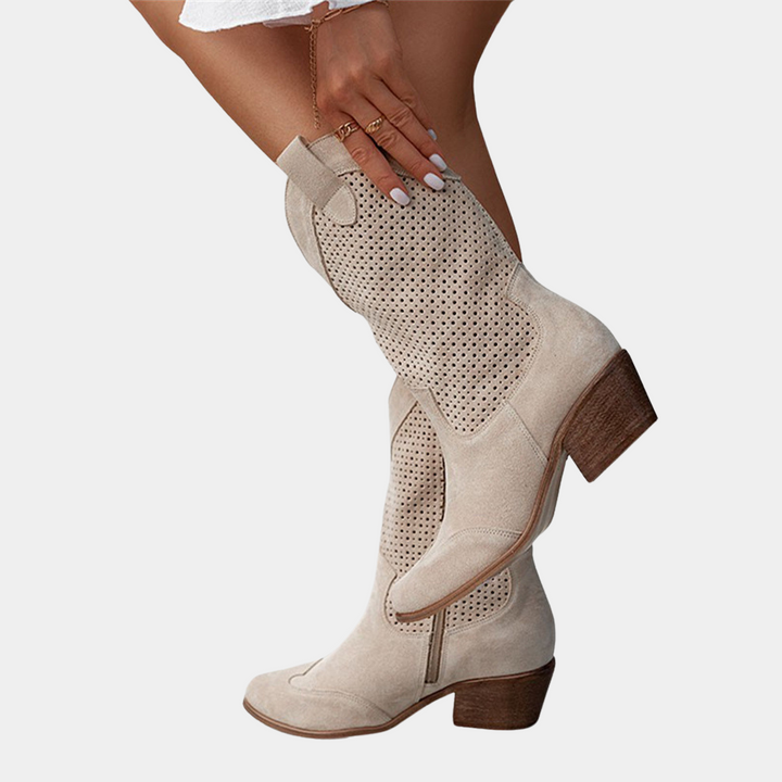 Fashionable women's mid-calf boots featuring unique perforated design and a stable block heel for everyday wear.