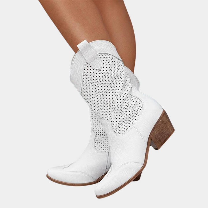 Casual women's perforated mid-calf boots with a chic block heel, ideal for versatile fall and spring fashion.
