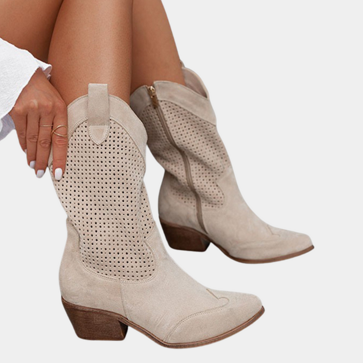 Elegant women's perforated mid-calf boots, offering breathable design and a fashionable block heel. Stylish footwear.