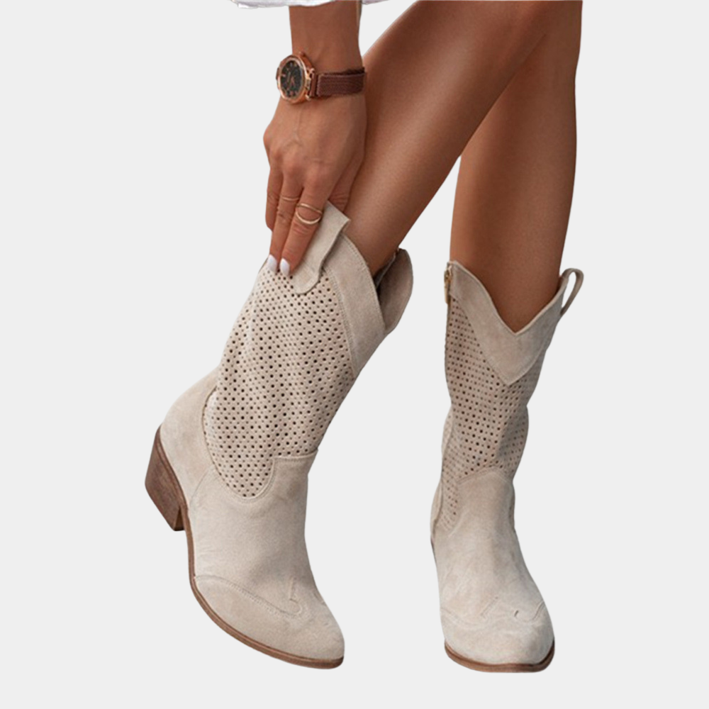 Versatile women's mid-calf boots with a sturdy block heel and perforated texture, great for modern casual looks.