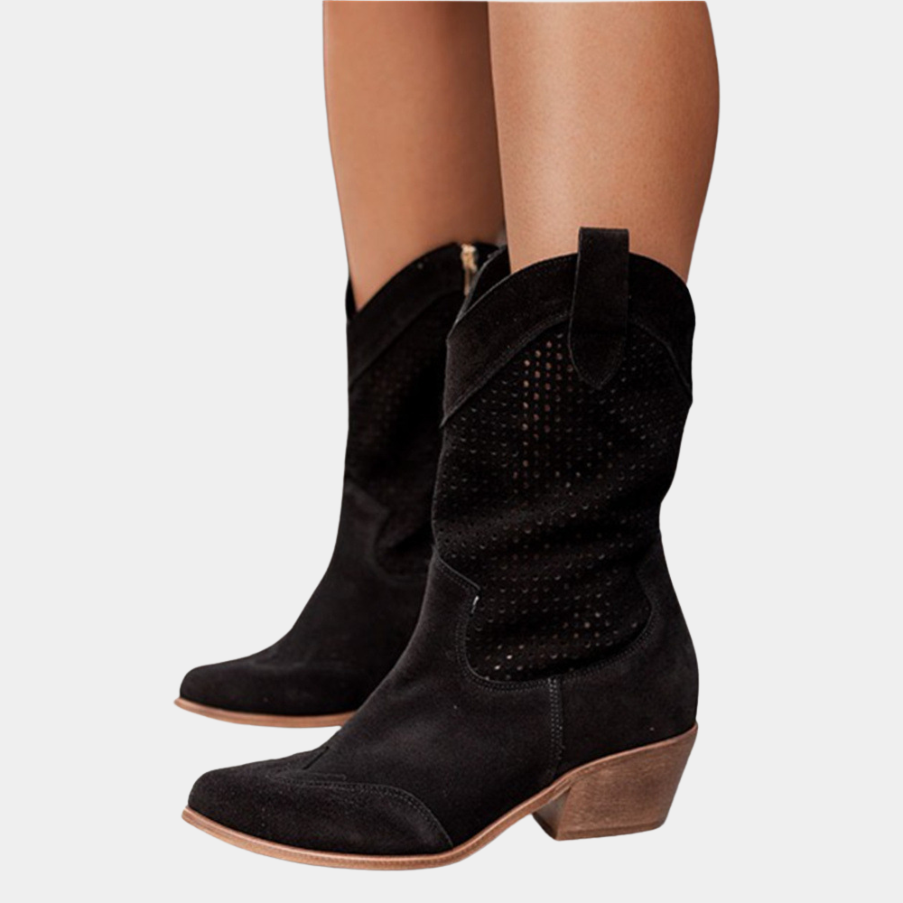 Chic women's perforated mid-calf boots, designed with a practical block heel for fashion-forward spring/fall style.