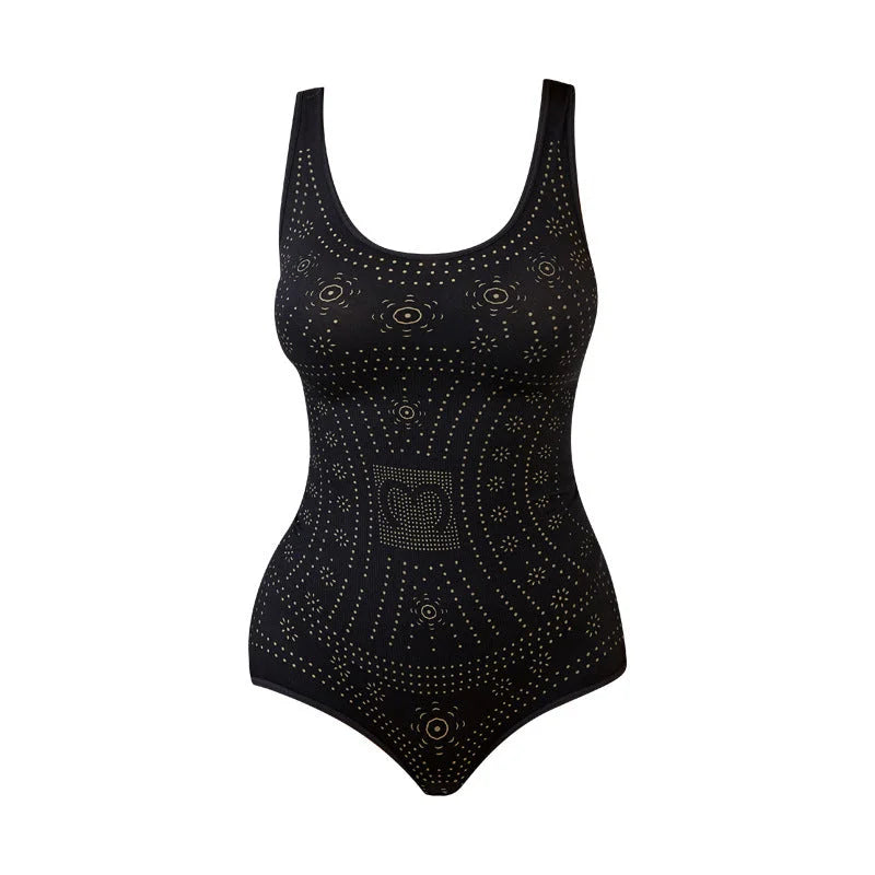 Perforated shaping bodysuit for women with scoop neck. Provides firm tummy control & waist shaping.