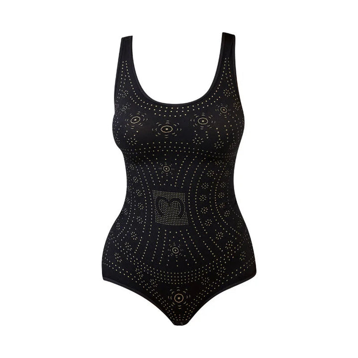 Perforated shaping bodysuit for women with scoop neck. Provides firm tummy control & waist shaping.