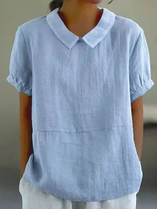 Women's Peter Pan collar short sleeve casual blouse, perfect for summer fashion and everyday wear.