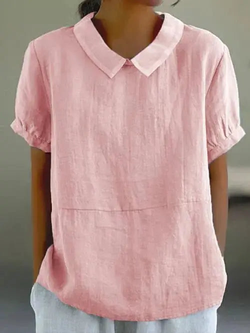 Relaxed fit Peter Pan collar blouse for women, short sleeve casual top, ideal for daily wear.