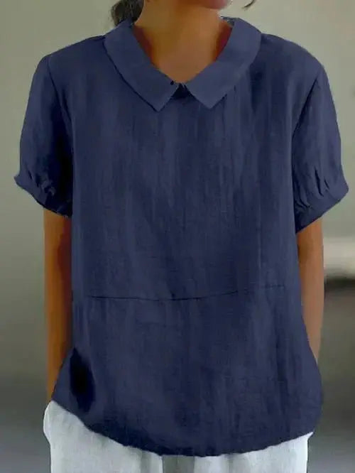 Feminine women's Peter Pan collar short sleeve blouse, a stylish and comfortable summer top.