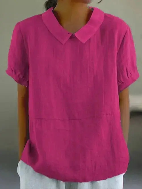 Versatile women's short sleeve blouse with Peter Pan collar, perfect for spring casual or office.