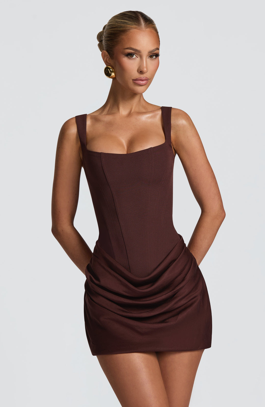 Women's petite ruched mini cocktail dress for parties. Elegant evening wear, perfect for a chic date night.
