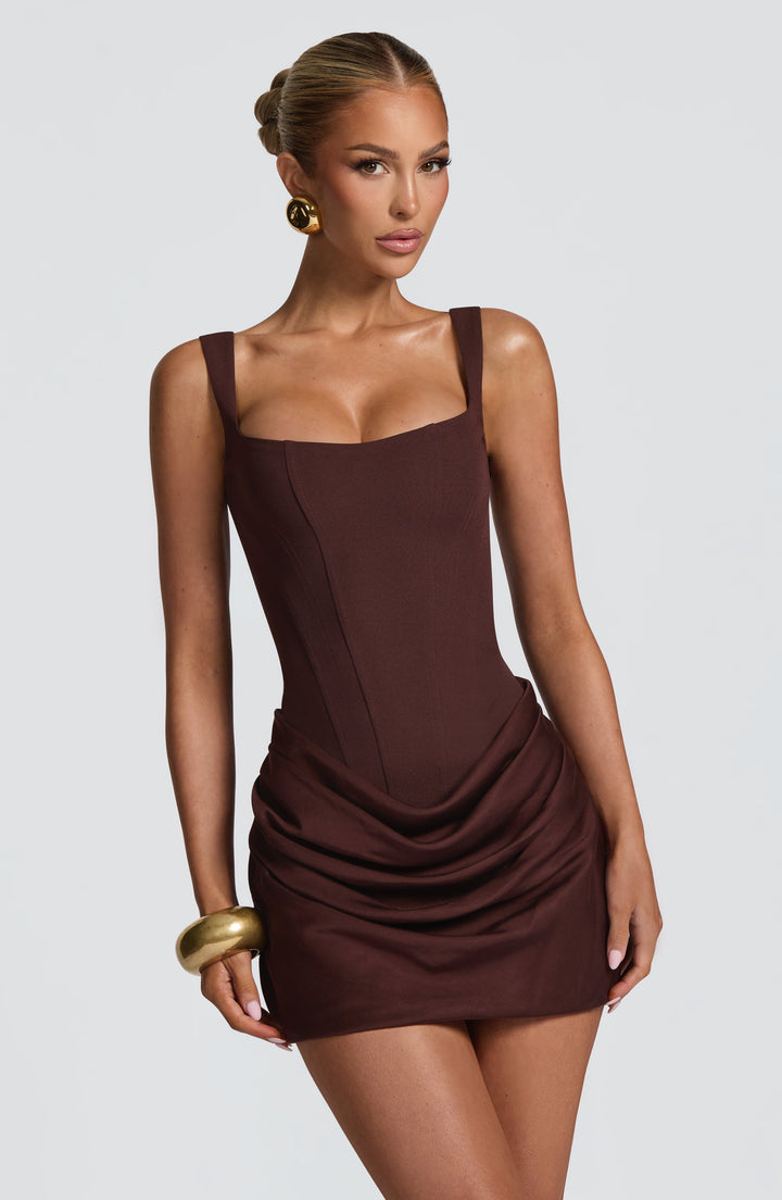 Petite women's mini cocktail dress with stylish ruching, ideal for parties & glamorous evening occasions.