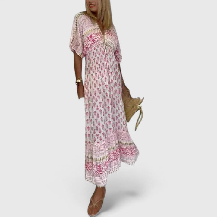 Boho style women's long pink maxi dress. Perfect comfortable summer dress, ideal for casual wear, vacation or beach.