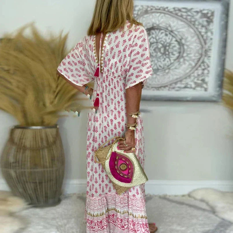 Pink boho print V-neck short sleeve maxi dress for women. Casual, flowy bohemian style for summer & spring.