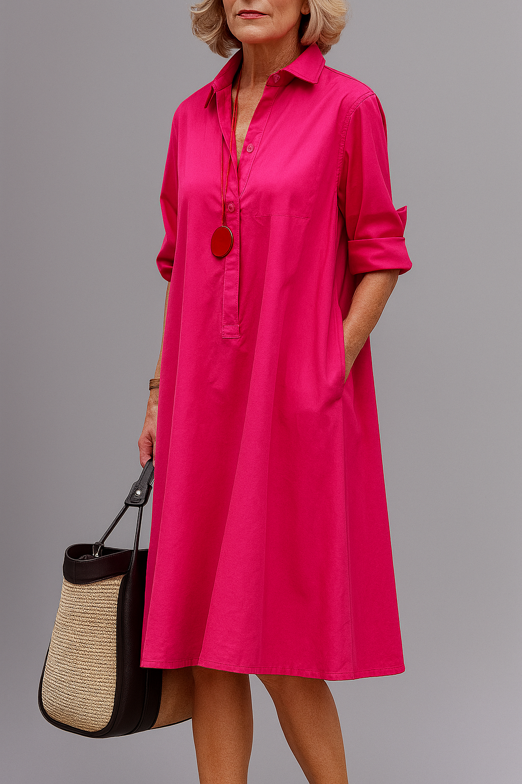 Women's pink effortless flowy midi dress for stylish & comfortable spring/summer wear. Versatile casual elegant outfit.