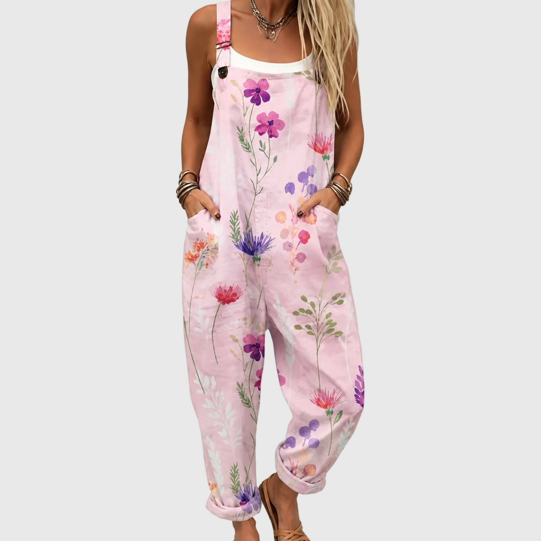 Women's pink floral overalls, comfortable loose-fit jumpsuit for spring casual wear & vacation style.