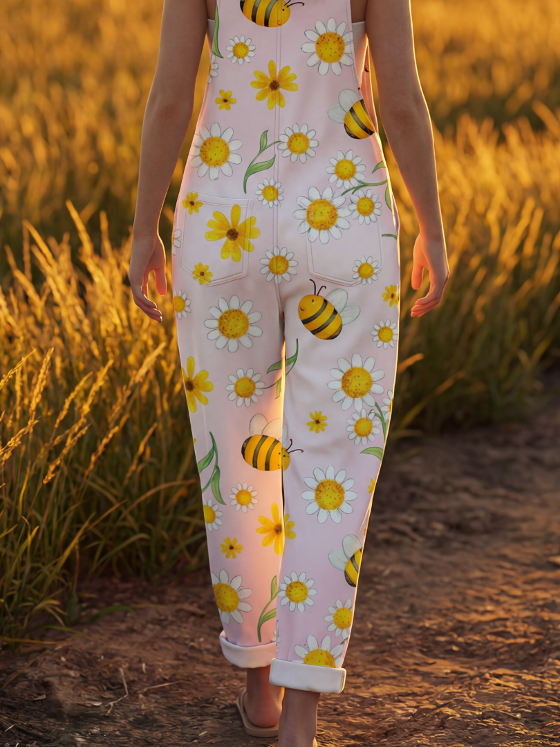 Elegant women's relaxed fit jumpsuit in pink with floral & bee print, offering comfortable full-length summer fashion.