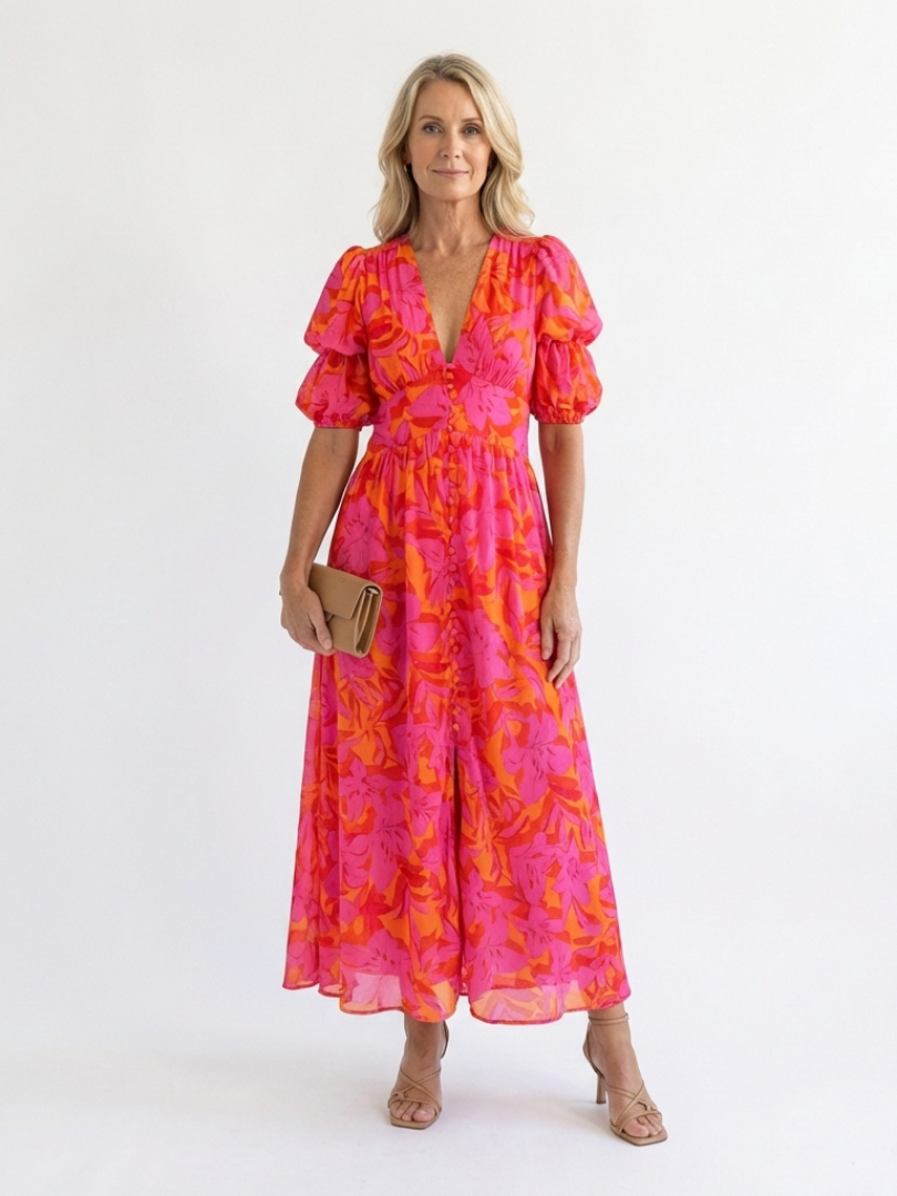 Women's pink floral V-neck puff sleeve midi dress. Elegant spring summer fashion, perfect for casual or vacation.