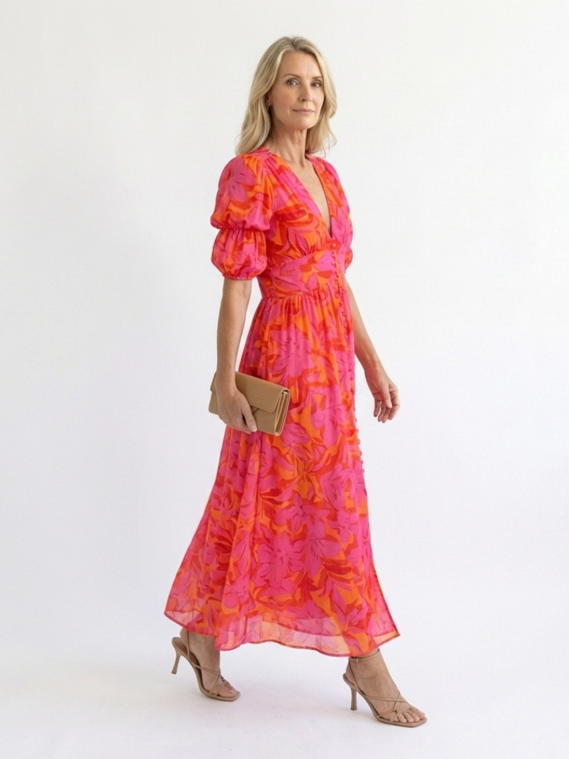 Stylish women's floral midi dress, ideal for summer vacation or spring day wear. Features V-neck & puff sleeves.
