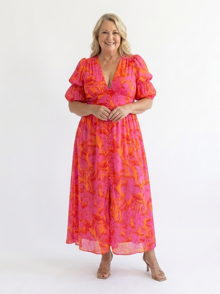 Chic women's floral midi dress in pink. Features a V-neck, puff sleeves, and a comfortable relaxed fit for summer.