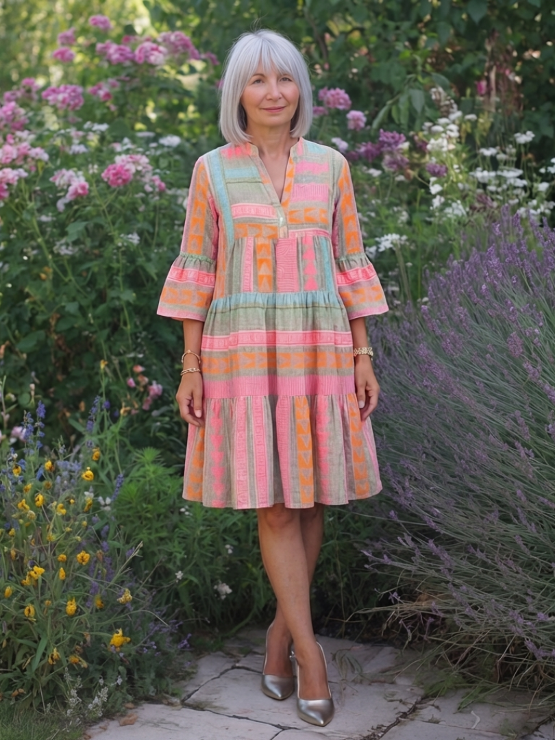 Elegant women's pink geometric print V-neck dress, featuring a tiered skirt and knee-length cut. Three-quarter sleeves.