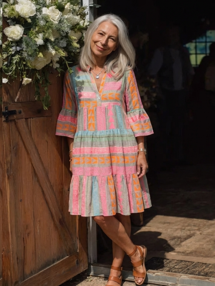 Chic women's geometric print V-neck tiered dress. Knee-length and relaxed fit, perfect as a comfortable summer day dress.