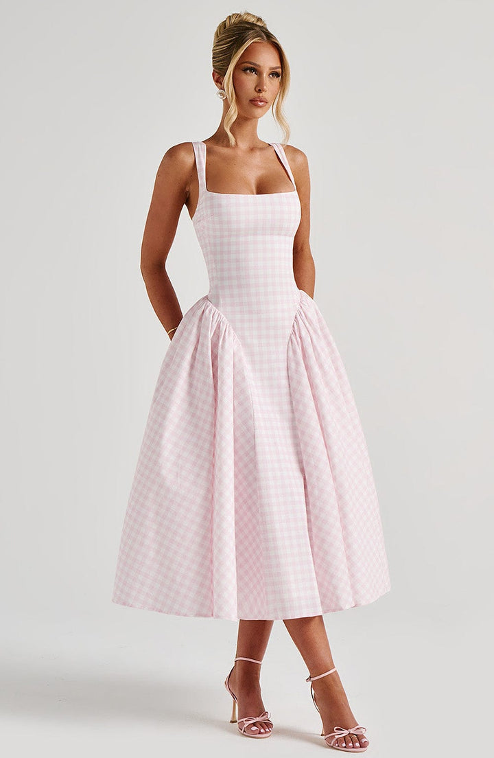Elegant women's yellow gingham midi dress, featuring a stylish square neck and comfortable sleeveless cut.