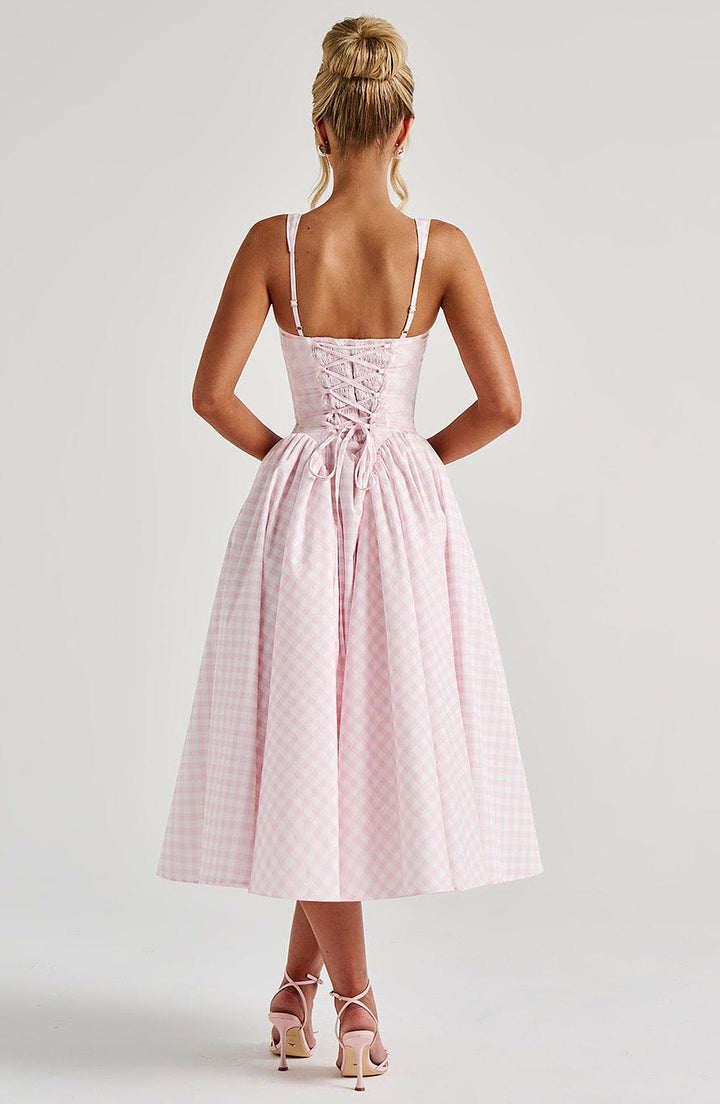 Sleeveless gingham midi dress for women, square neck, an all-season fashion staple for casual or elegant looks.