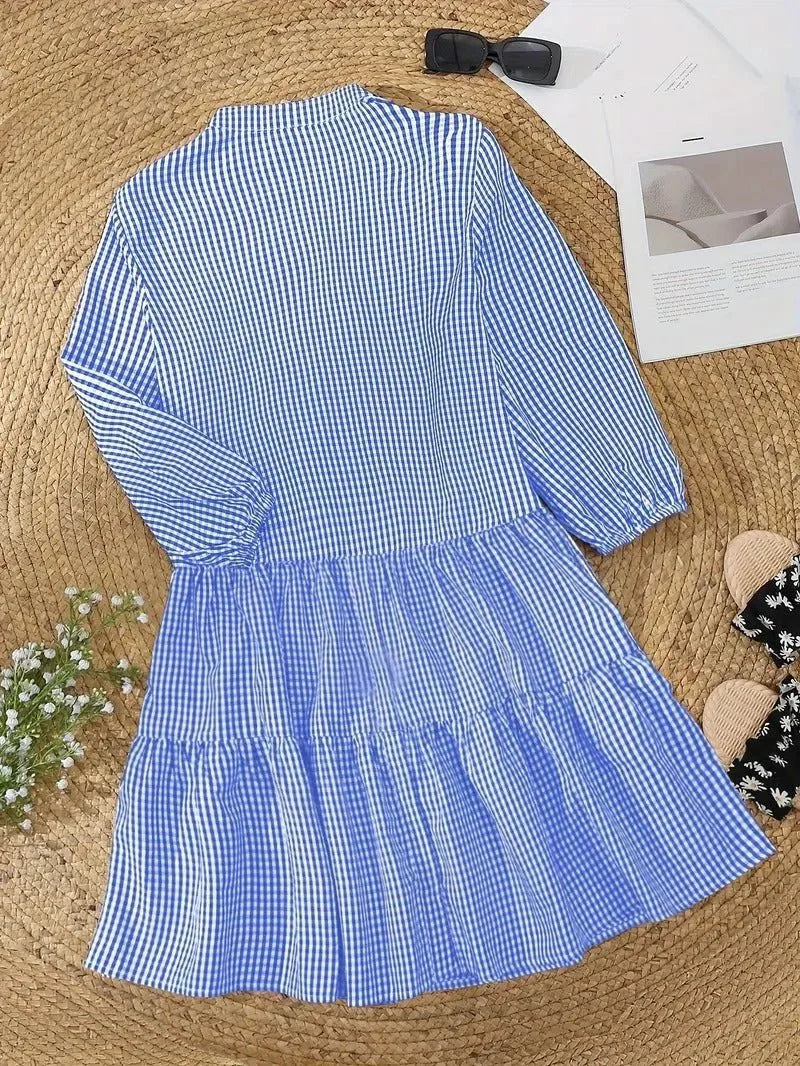 Stylish blue gingham mini dress for women, tiered design with V-neck and 3/4 puff sleeves, summer ready.