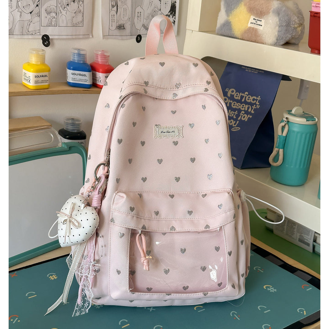 Women's heart-patterned casual school backpack, perfect for students. A cute, durable daily carry bag for college & travel.