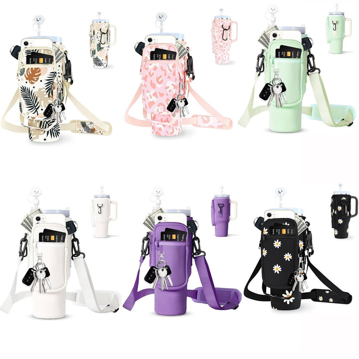 Women's pink insulated water bottle, 1200ml, with versatile black carry bag for daily hydration.