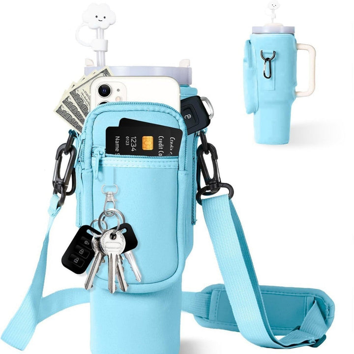 Women's gym water bottle, insulated, with convenient carry bag featuring a phone pocket.