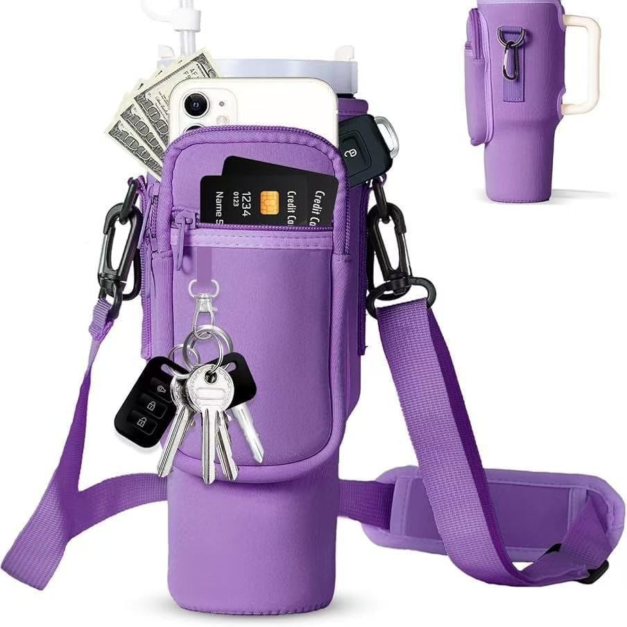 Women's portable hydration bottle, vacuum insulated, with a comfortable, stylish shoulder bag.