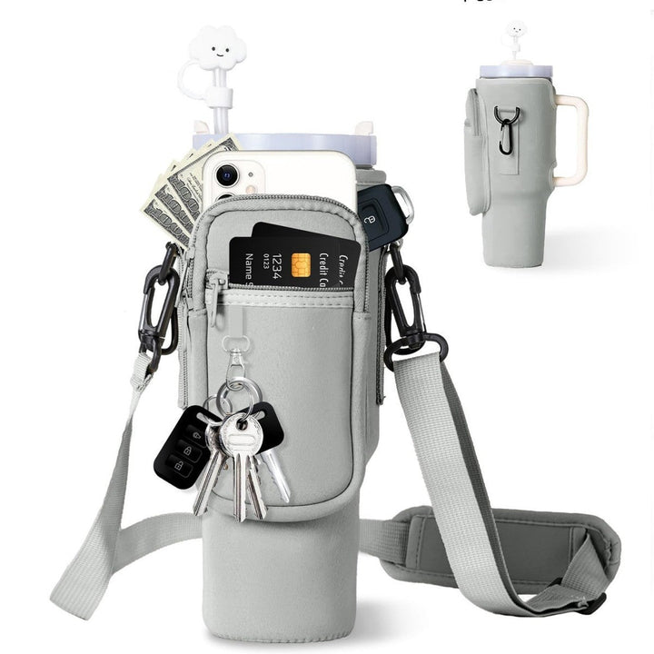 Travel-friendly women's thermal water bottle & practical carry bag, ideal for long journeys.