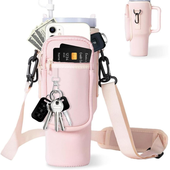Women's thermal travel bottle set: insulated flask and a protective, multi-pocket carry bag.