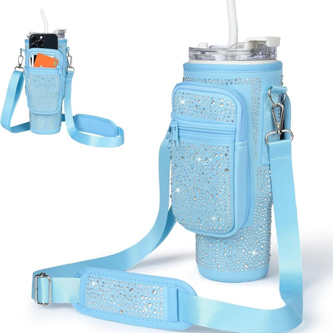 Stylish women's hydration bottle, double-wall insulated, with a trendy, durable carry bag.