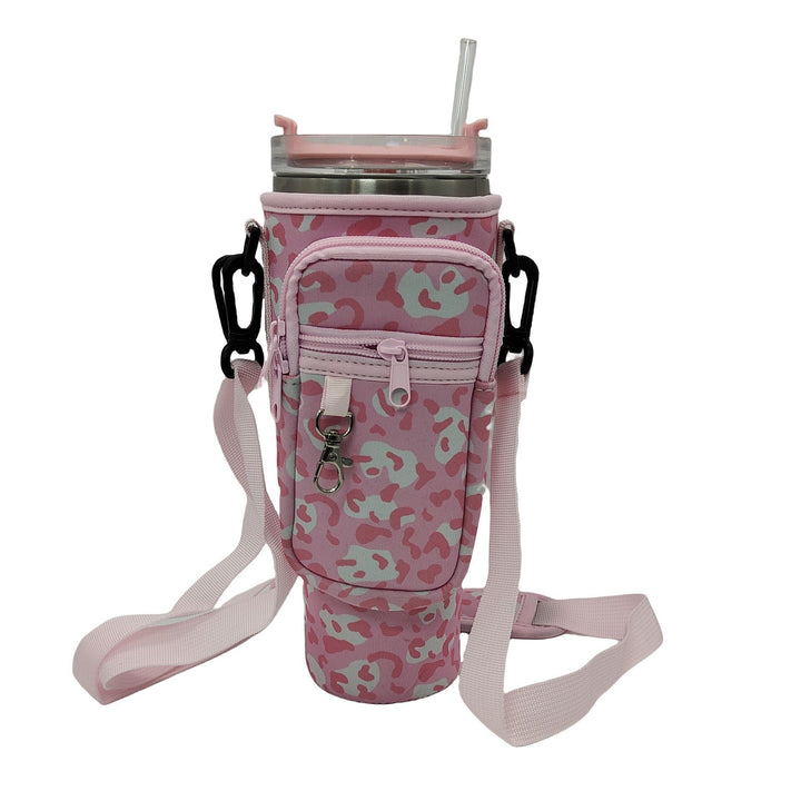 Pink women's water bottle with insulated design and protective travel carry bag, BPA-free.