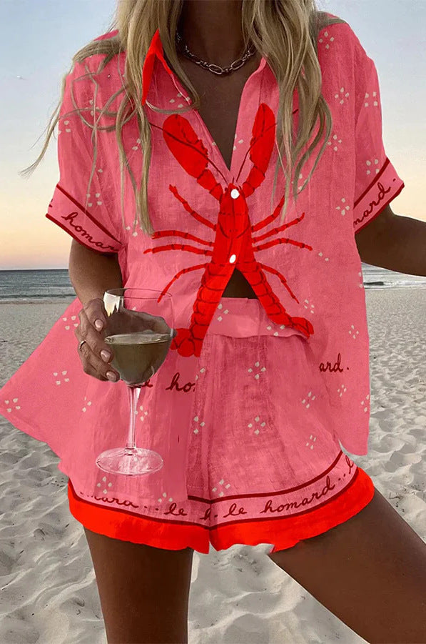 Women's pink printed two-piece shirt & shorts set, a comfortable and stylish summer casual outfit.