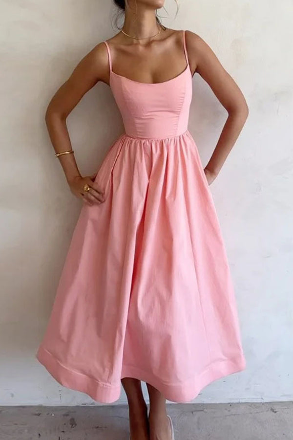 Women's pink U-neck midi evening dress with elegant flared skirt, perfect for cocktail parties & special occasions.