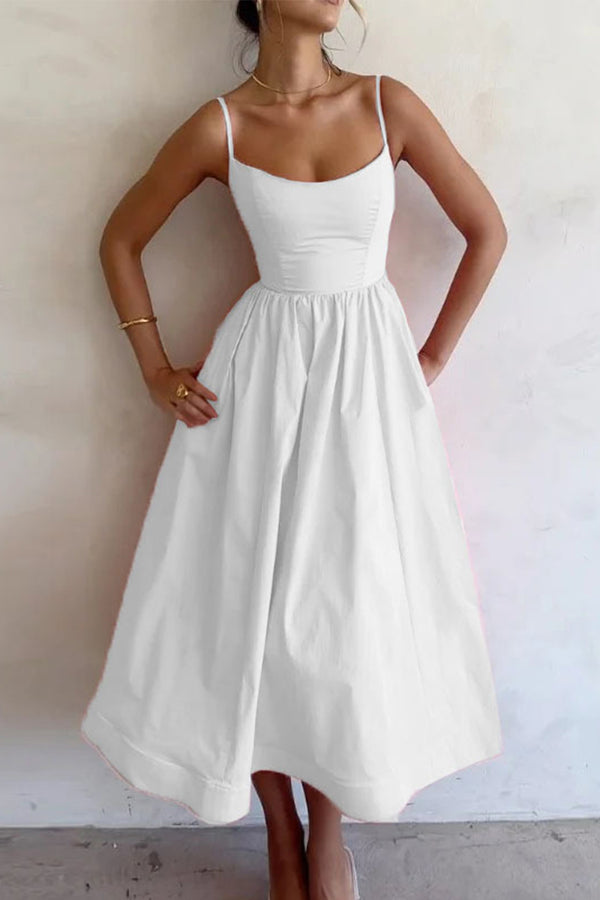 Stunning white U-neck midi dress for women, featuring a beautiful flared skirt; perfect for evening & formal events.
