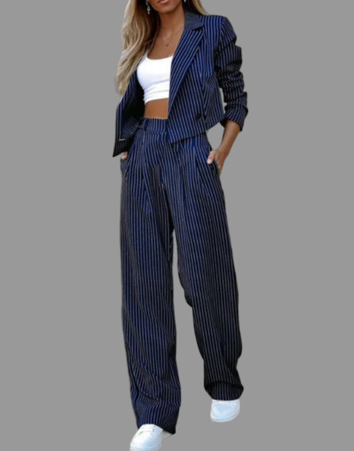 Women's pinstriped wide-leg blazer suit set for business casual office wear. Stylish two-piece versatile fashion.