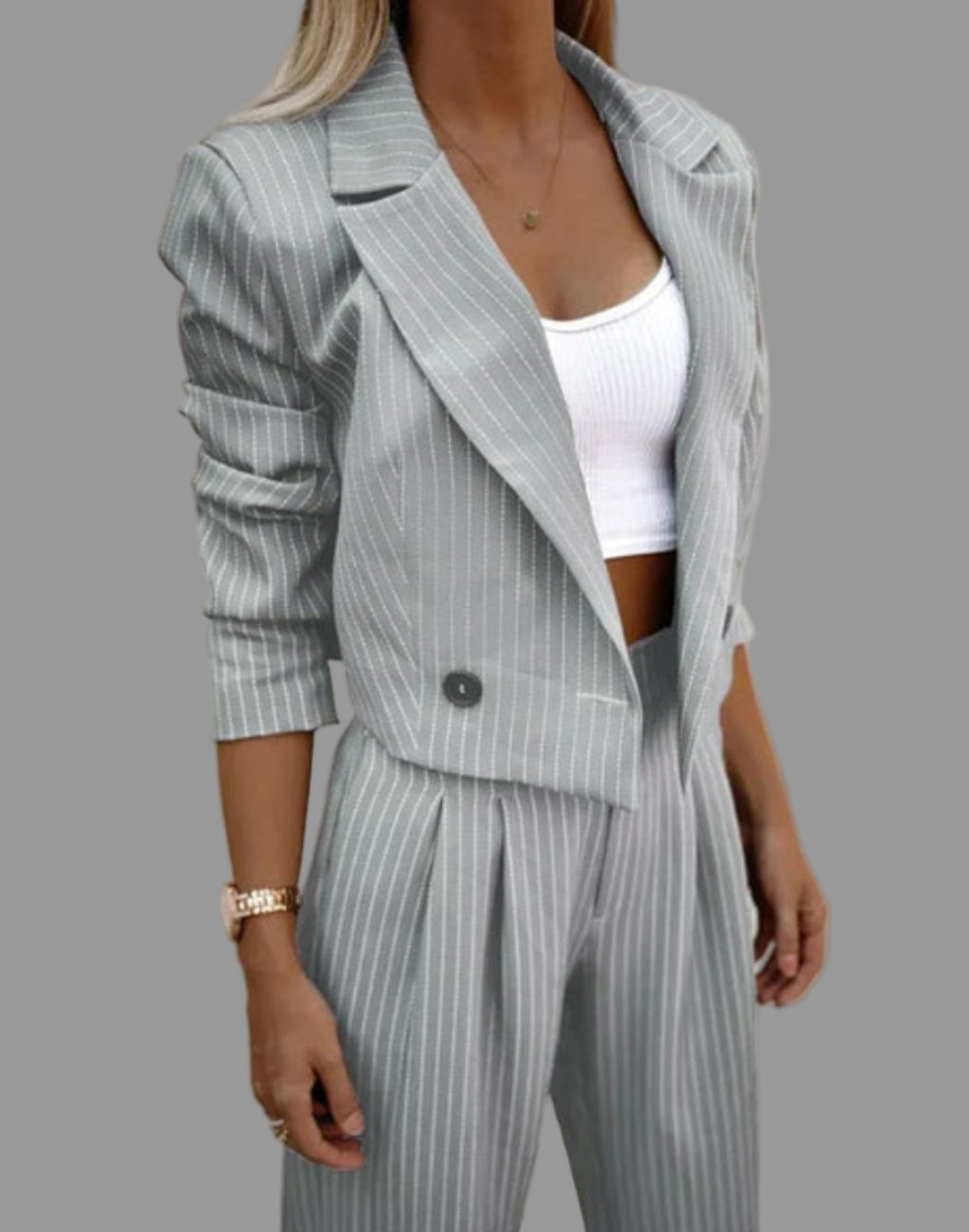 Elegant women's pinstripe blazer and wide-leg trousers suit. Perfect for sophisticated office wear & business events.