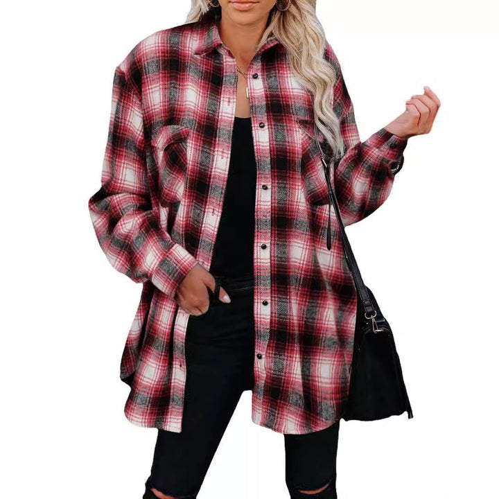 Fall fashion women's plaid button-up shirt jacket with handy pockets, comfortable and cozy.