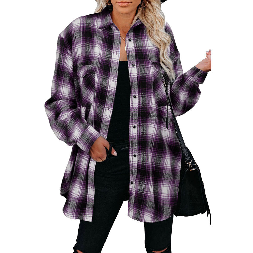 Relaxed fit women's plaid button-up shacket for cozy layering and everyday style.